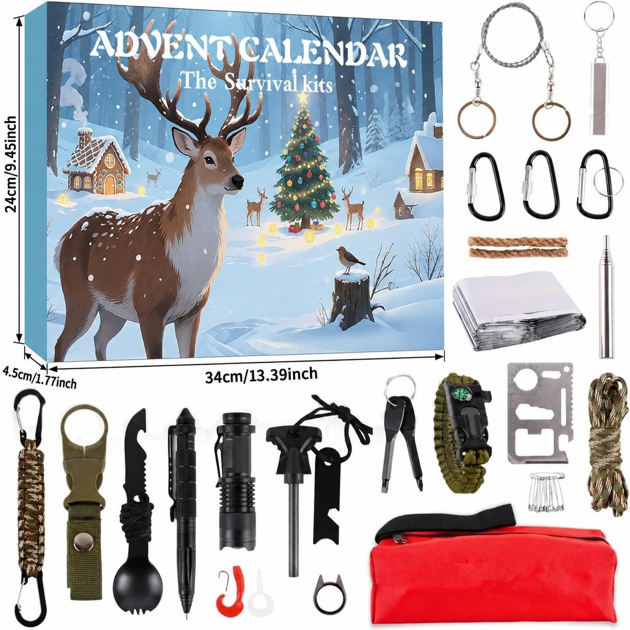 Outdoor Adventure Birthday Party - 24-daagse overlevingsset met kerstcountdownkalender, cadeauverpakking voor
